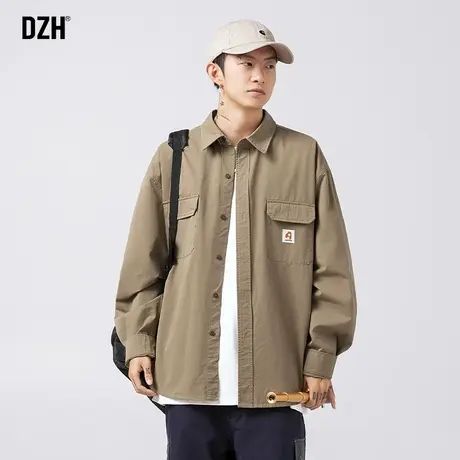 男士卡其色长袖衬衫男高级感日系男装设计感痞帅工装外套休闲衬衣商品大图