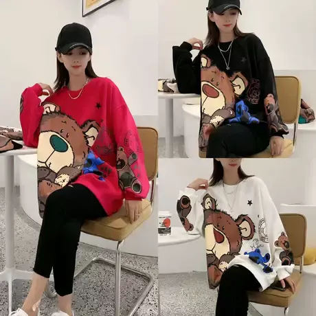 卡通小熊卫衣女2023年新款春装宽松bf慵懒风ins爆款圆领上衣爆款商品大图