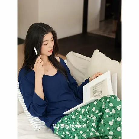 贝妍睡衣女春秋新款柔软莫代尔棉长袖长裤套装慵懒宽松大码家居服商品大图