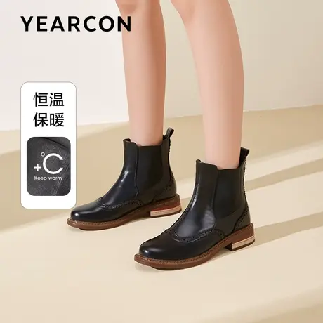 意尔康时尚复古真皮短靴子女2023冬季新款粗跟牛津风切尔西时装靴图片