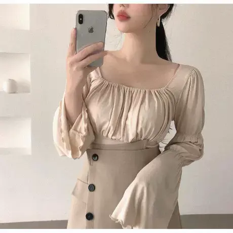Onoev现货速发~方领方领长袖体恤2022秋女人味性感上衣商品大图