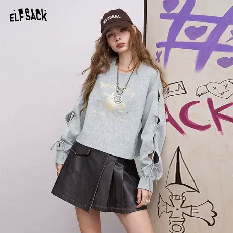 妖精的口袋miu系灰色印花圆领卫衣女2025早秋新款韩系短款薄上衣商品大图