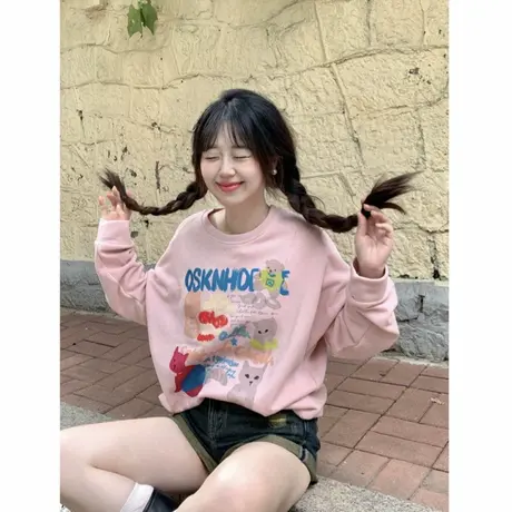 韩系圆领印花长袖卫衣女2025秋季新款设计感减龄百搭加绒加厚上衣商品大图