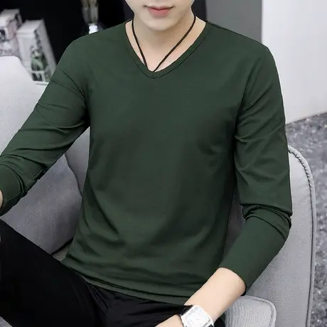 莫代尔长袖t恤男装V领上衣服纯色打底衫修身潮流体恤内搭秋衣小衫商品大图
