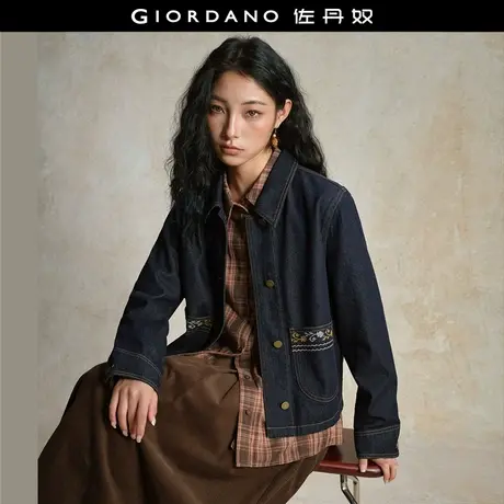 设计师款佐丹奴牛仔夹克女新款绣花口袋宽松翻领牛仔外套18375506图片