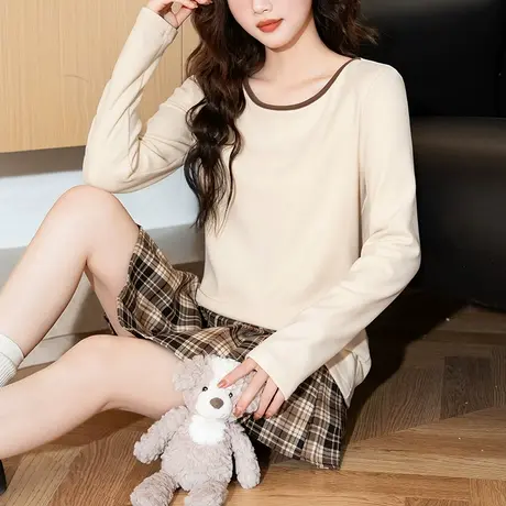 唐狮U型领内搭打底衫女2025早春新款撞色简约长袖气质超好看上衣商品大图