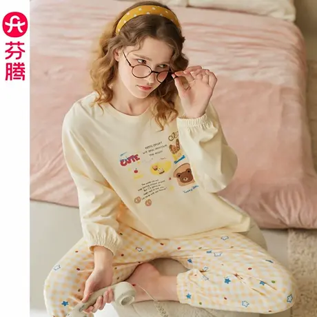 芬腾睡衣女春秋季纯棉长袖抗静电套装可爱女款休闲大码全棉家居服商品大图