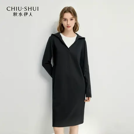 【CC家居控】黑白撞色卫衣连衣裙春季女休闲连帽假两件长裙图片