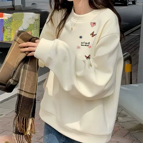 2025秋冬季新款设计感杏色重磅加绒卫衣女宽松百搭洋气小个子上衣商品大图