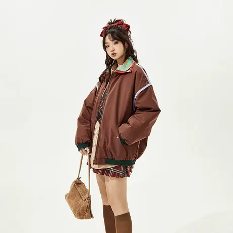 设计感拼色棉服女加厚冬季外套2023复古oversize棉衣美拉德棉袄图片