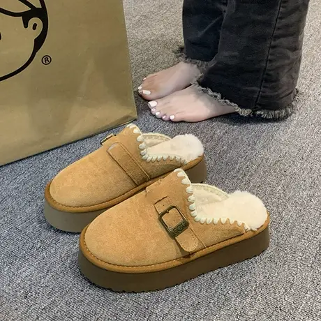 厚底包头毛毛拖鞋女外穿2023新款秋冬季网红半拖雪地拖毛绒绒棉拖商品大图