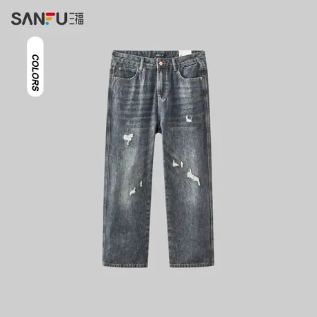三福2023冬男士街头潮流破洞牛仔裤 复古宽松直筒长裤男477471商品大图