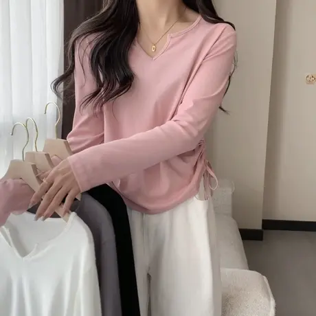 辣妹褶皱抽绳V领上衣韩版洋气宽松长袖T恤秋冬内搭德绒保暖打底衫商品大图