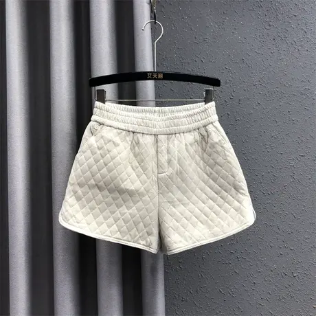 欧货简约风加厚休闲裤女23秋冬新款米白色松紧腰高腰百搭阔腿短裤图片