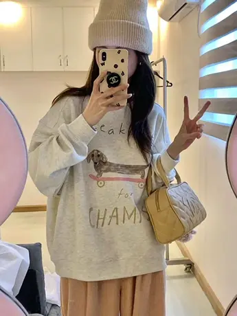 港风chic灰色圆领卫衣女冬大码慵懒风宽松显瘦潮ins无帽长袖上衣图片