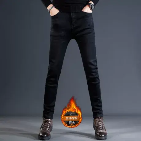高端黑色加绒加厚牛仔裤男冬季修身小脚2023新款弹力男士裤子秋冬图片