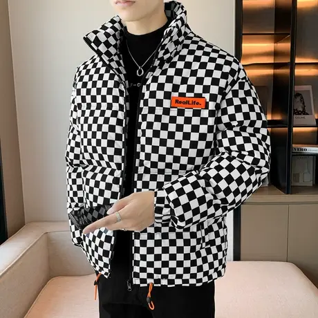 格子棉服男冬季新款加厚千鸟格立领外套潮牌工装港风潮流棉衣男装图片