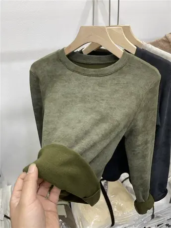 欧货圆领扎染加绒加厚长袖T恤女2023秋冬新款洋气亲肤打底衫上衣商品大图