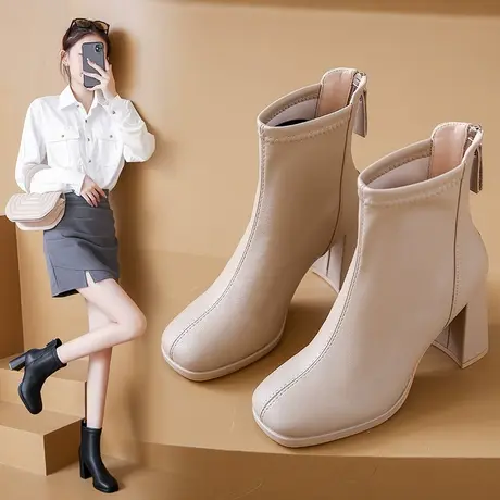 靴子女2023新款韩版超火厚底方头粗跟短靴女秋冬季法式高跟瘦瘦靴图片