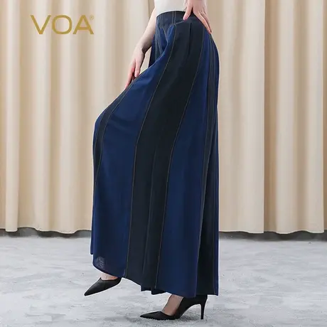 VOA30姆米重磅真丝连腰藏青撞料拼接斜插袋百搭透气桑蚕丝阔腿裤商品大图