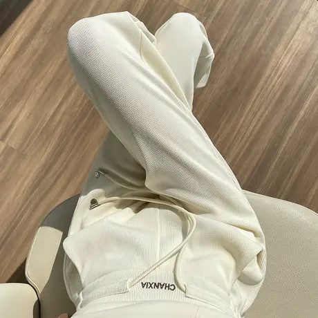 白色窄版阔腿裤女2024春秋新款高腰宽松休闲直筒垂感慵懒针织裤子商品大图