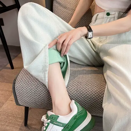 浅绿色直筒牛仔裤女春秋2024年新款高腰宽松港风阔腿裤小个子显瘦商品大图