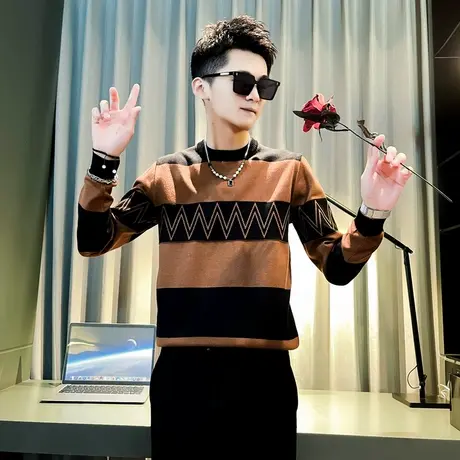 冬季男士毛衣针织衫圆领线衣修身潮流条纹打底潮牌个性轻熟体恤商品大图