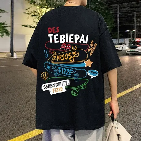 涂鸦印花短袖t恤男夏季潮牌ins潮流卡通嘻哈高街宽松纯棉五分半袖商品大图