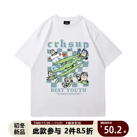 巴斯光年美式复古运动短袖男纯棉潮牌宽松休闲黑色夏季无袖t恤商品大图