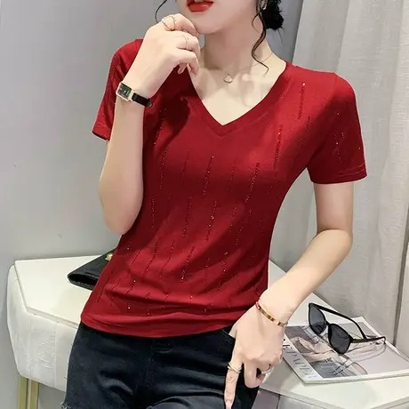 T恤女短袖2023夏季新款网红性感V领烫钻上衣设计感别致漂亮小衫潮商品大图