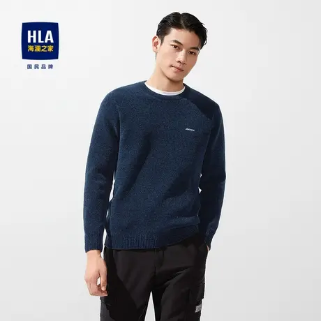 HLA/海澜之家柔软雪尼尔长袖针织衫字母刺绣净色圆领打底衫毛衣男商品大图