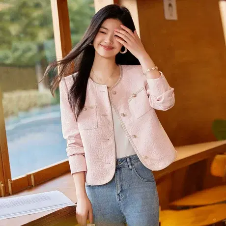 时尚气质长袖外套2023年秋季新款淑女温柔圆领宽松显瘦通勤上衣商品大图