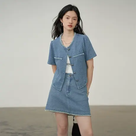 omont蛋挞家 复古小香风短袖衬衫女夏款宽松圆领牛仔衬衣毛边上衣商品大图