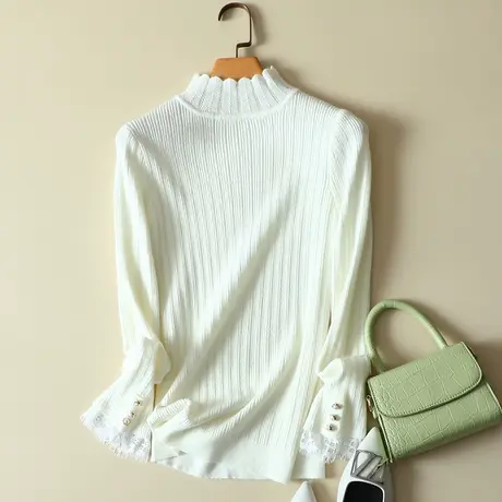 清仓！半高领套头毛衣女蕾丝拼接纽扣袖针织衫秋冬打底衫女长袖图片