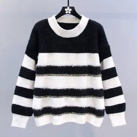 高级感撞色条纹毛衣女秋冬2023新款宽松慵懒风加厚软糯打底针织衫图片