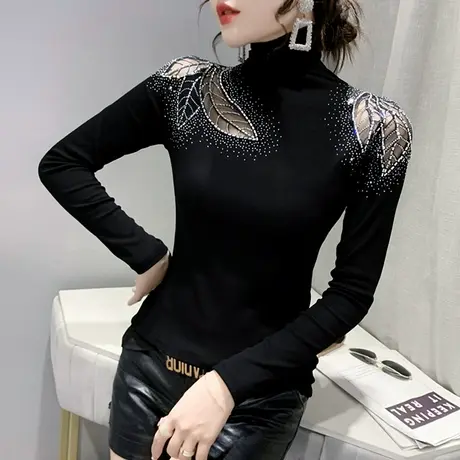 加绒打底衫女秋冬性感镂空长袖女装时尚烫钻T恤洋气紧身内搭上衣商品大图