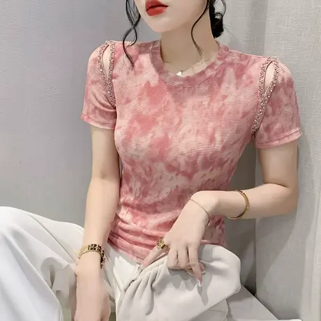 性感镂空露肩短袖T恤女士夏装气质减龄印花上衣别致修身网纱小衫图片