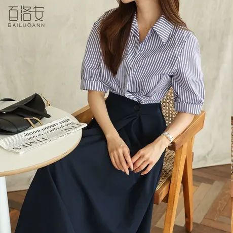 百洛安条纹衬衫女2023夏新款时尚翻领短袖衬衣设计感宽松别致上衣商品大图