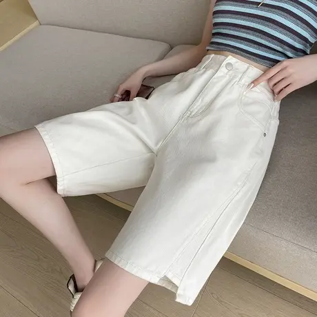 白色拼接牛仔短裤女夏季薄款高腰宽松显瘦a字复古直筒阔腿5分中裤商品大图