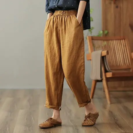 dza 高腰显瘦亚麻休闲裤女2023夏季九分直筒哈伦裤宽松百搭棉麻裤图片