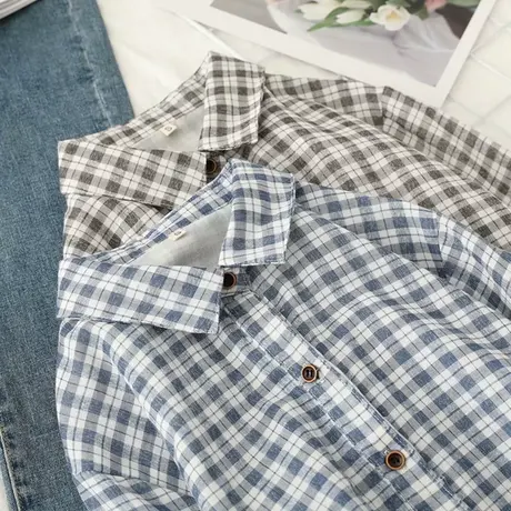 柔软透气百搭打底衬衫 双层棉纱布百搭格纹上衣 长袖女春秋2021年图片