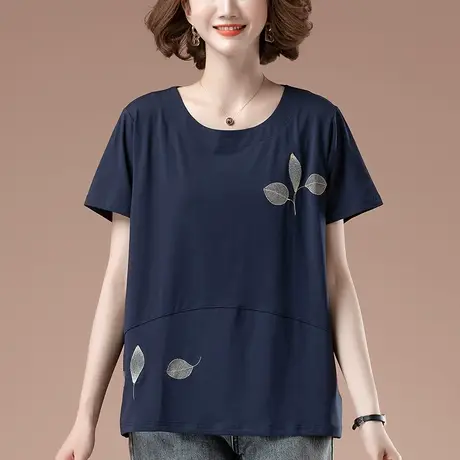 中年妈妈短袖T恤女夏季宽松加肥加大码女装纯棉刺绣遮肚显瘦体恤商品大图