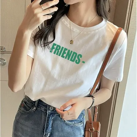 白色短袖t恤女宽松纯棉百搭正肩上衣2023年新款字母印花体恤汗衫图片