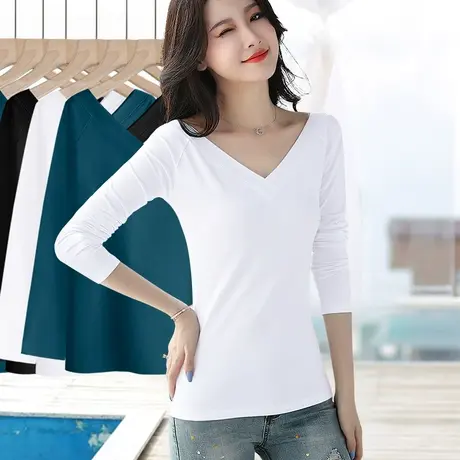 纯棉长袖打底衫女2024春秋冬新款内搭修身外穿白色薄款V领t恤上衣图片