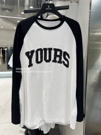 欧货撞色圆领长袖t恤女亮片字母刺绣宽松百搭打底衫韩版洋气上衣图片