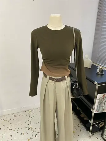 时髦复古定制染色渐变修身长袖圆领套头T恤女秋冬新打底衫上衣潮图片