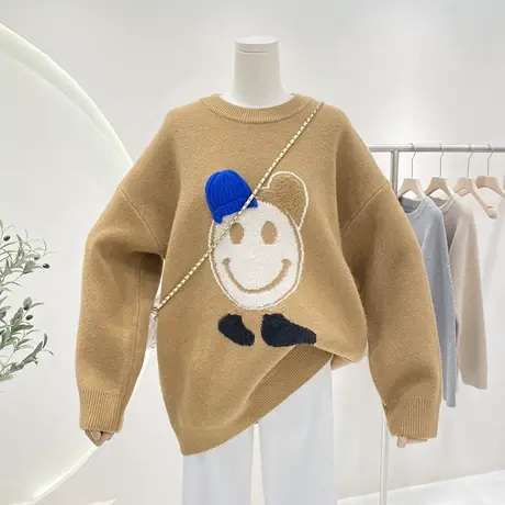 设计感小众笑脸提花毛衣女秋冬韩版百搭宽松中长款圆领针织衫上衣商品大图