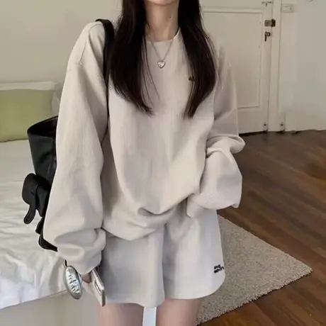 松紧腰阔腿短裤长袖T恤女两件套秋季宽松居家外穿运动休闲套装潮图片