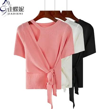 夏季新款韩版圆领露肩修身短款纯色针织衫长袖绑带上衣内搭打底女商品大图