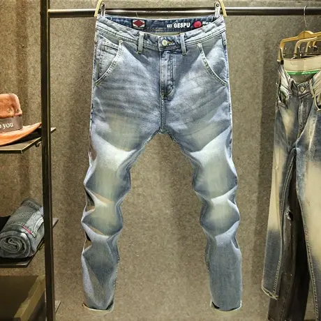 男装休闲斜口袋牛仔裤修身小直筒裤子男士高端面料赤耳丹宁长裤子商品大图